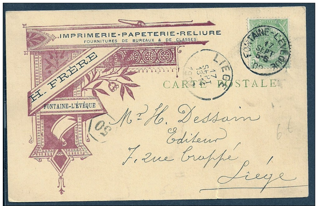 Carte De Fontaine L'Evêque à Liège 1902  - Imprimerie - Papeterie - 1893-1907 Wapenschild