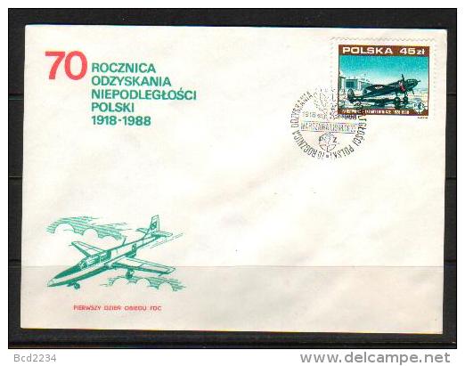 POLAND FDC 1988 70TH ANNIV OF GAINING INDEPENDENCE AFTER WW1 1918-1988 SERIES 1 PLANES FLIGHT Aircraft Hangers Flag - WW1