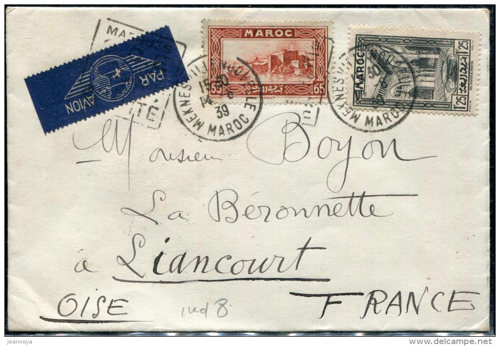 MAROC - N° 140 + 143A, SUR LETTRE AVION, OBL DAGUIN FLAMME DE MEKNES LE 14/6/1939, POUR L'OISE - TB - Lettres & Documents