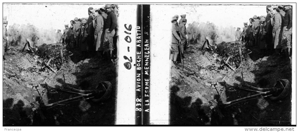 02-016 - Guerre 14-18 - AVION BOCHE ABATTU à La Ferme Mennegean - Plaques De Verre