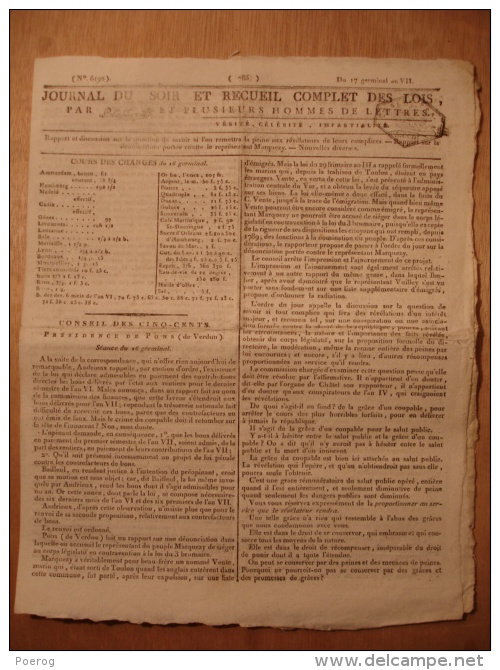 JOURNAL DU SOIR 6 AVRIL 1799 - DENONCIATION CONTRE MARQUEZY - LOI DESERTION - RASTADT LETTRE DE LA DIETE - ELITE SUISSE - Zeitungen - Vor 1800