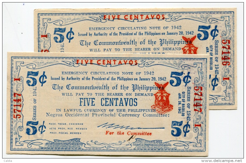 Philippines 5 Centavos 1942  " Emergency Currency " The Commonwealth "" UNC - 2 Consecutives - Philippines