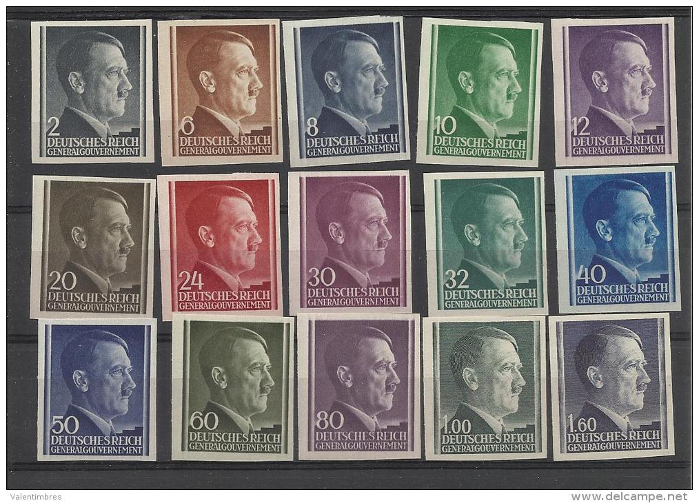 Pologne  Poland Polen Polska  ** MNH Général Gouvernement 15 Timbres Non Dentelés Hitler - Variétés & Curiosités