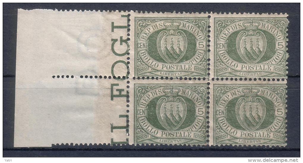 Rep. Di San Marino - 1892/94 - 5 Cent. Sass. 13 In Quartina */** - Nuevos