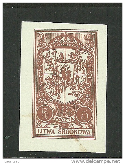 1921 Mittellitauen Central Lithuania Michel 38 PROOF Probedruck Essay On Thick White Paper (*) - Litauen