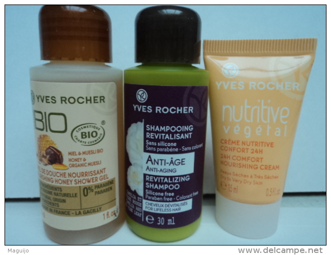 YVES ROCHER  3 MINIS PRODUITS  : MINI SHAMPOOING + MINI  MIEL DE DOUCHE + MINI CREME  VOIR  &LIRE !! - Miniaturen Flesjes Dame (zonder Doos)