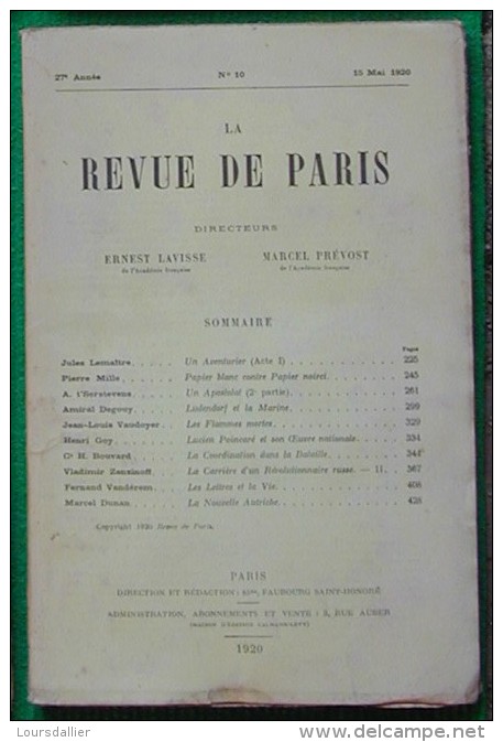 LA REVUE DE PARIS N°10 15 05 1920 LEMAITRE MILLE T SERSTEVENS DEGOUY VAUDOYER GOY BOUVARD ZENZINOFF VANDEREM DUNAN - 1900 - 1949