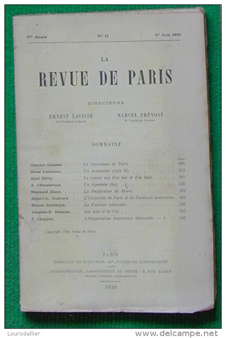 LA REVUE DE PARIS N°11 01 06 1920 LOISEAU LEMAITRE FERRY T SERSTEVENS KANN GUERARD ARMINJON BLANCHE CHAPPEY - 1900 - 1949