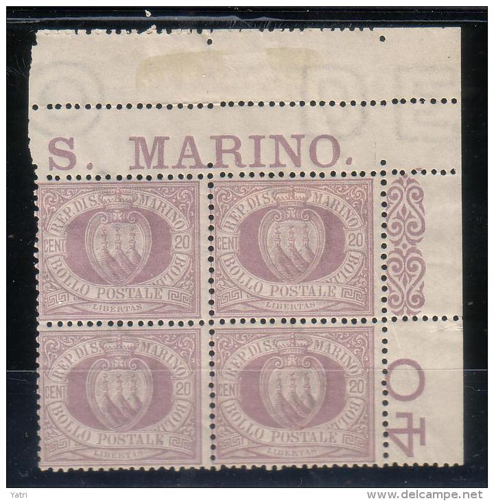 Rep. Di San Marino - 1894/99 - 20 Cent. Sass. 29 In Quartina Con Interspazio Di Gruppo ** (buona Centratura) - Neufs