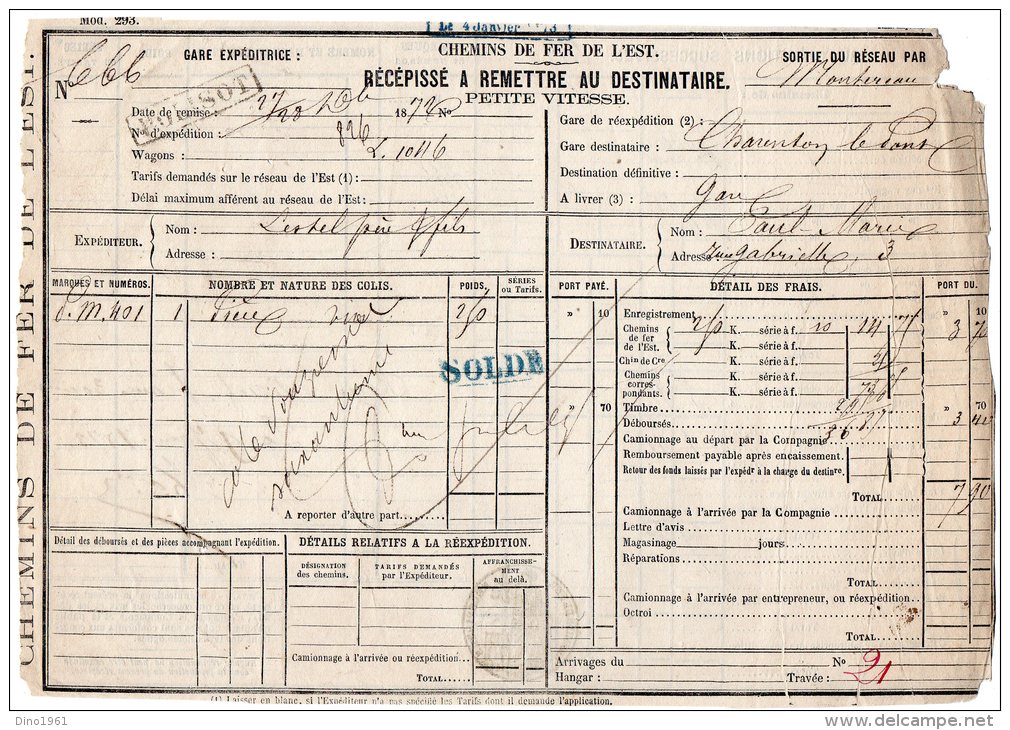 VP490 - POLISOT X CHARENTON / LE / PONT 1872 - Récépissé Des Chemins De Fer De L'est - Other & Unclassified