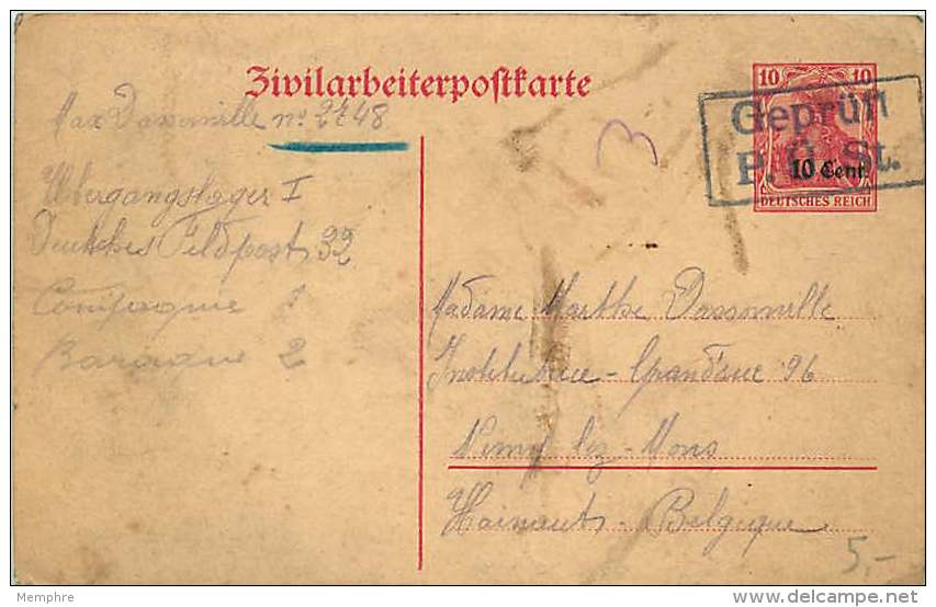 1916 Etappiengebiet West   Zivilarbeiterpostkarte  MiNrP 6 I Geprüft - Besetzungen 1914-18