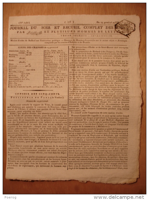 JOURNAL DU SOIR 3 AVRIL 1799 - INSTRUCTION PUBLIQUE BAILLEUL DISCOURS HEURTAUT LAMERVILLE - ARMEE SUISSE - ESPAGNE Etc - Kranten Voor 1800