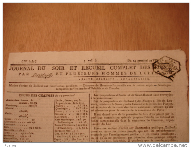 JOURNAL DU SOIR 3 AVRIL 1799 - INSTRUCTION PUBLIQUE BAILLEUL DISCOURS HEURTAUT LAMERVILLE - ARMEE SUISSE - ESPAGNE Etc - Periódicos - Antes 1800