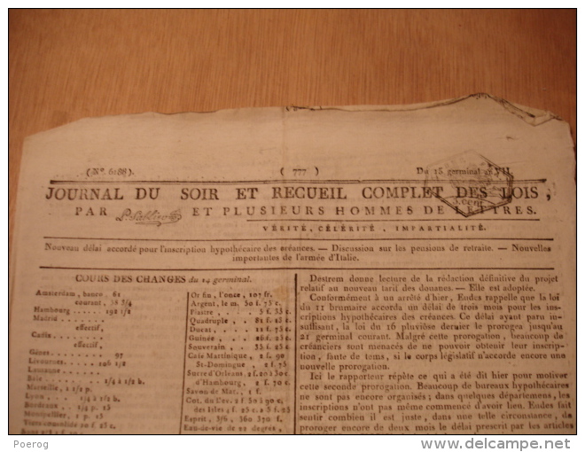 JOURNAL DU SOIR 4 AVRIL 1799 - ARMEE ITALIE - PENSIONS DE RETRAITES - MARINE PRISES MARITIMES - ANGERS - Etc ... - Zeitungen - Vor 1800