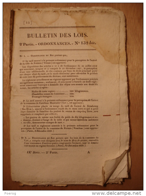 BULLETIN DES LOIS De 1832 - BIERE SAINT SEVRAN - OCTROIS - FORETS BOIS ADMINISTRATION FORESTIERE NOMBREUSES COMMUNES - Décrets & Lois