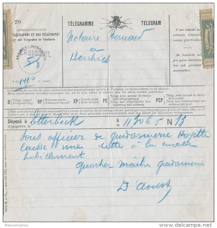 725/21 -  Formule De Télégramme Vers Notaire à HERCHIES - RARE Cachet Linéaire De Fortune 1919 ERBISOEUL - Timbres Télégraphes [TG]