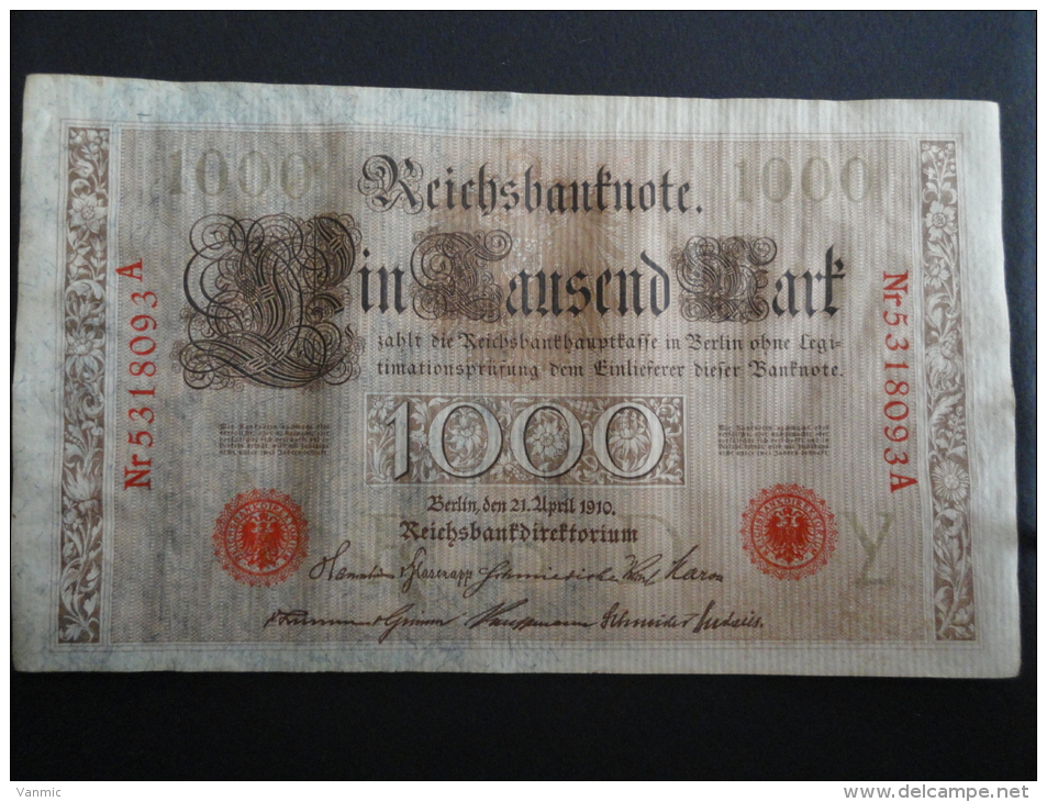 1910 A - Billet 1000 Mark - Allemagne - Série A : N° 5318093 A - Banknote Deutschland Germany - 1.000 Mark