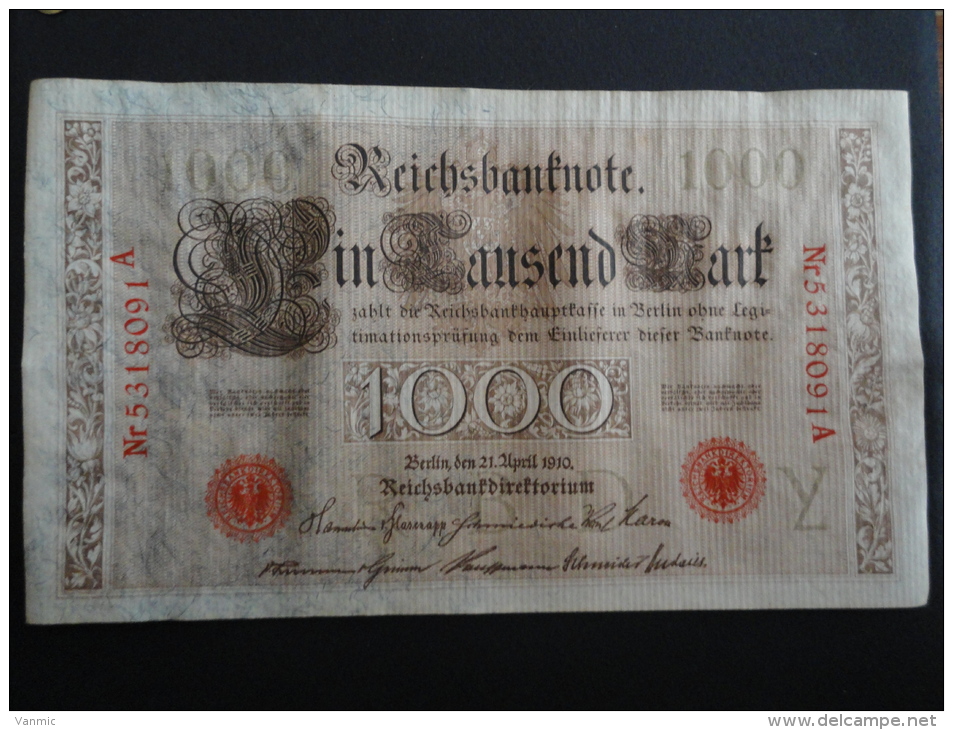 1910 A - 21 Avril 1910 - Billet 1000 Mark - Allemagne - Série A : N° 5318091 A - Banknote Deutschland Germany - 1000 Mark