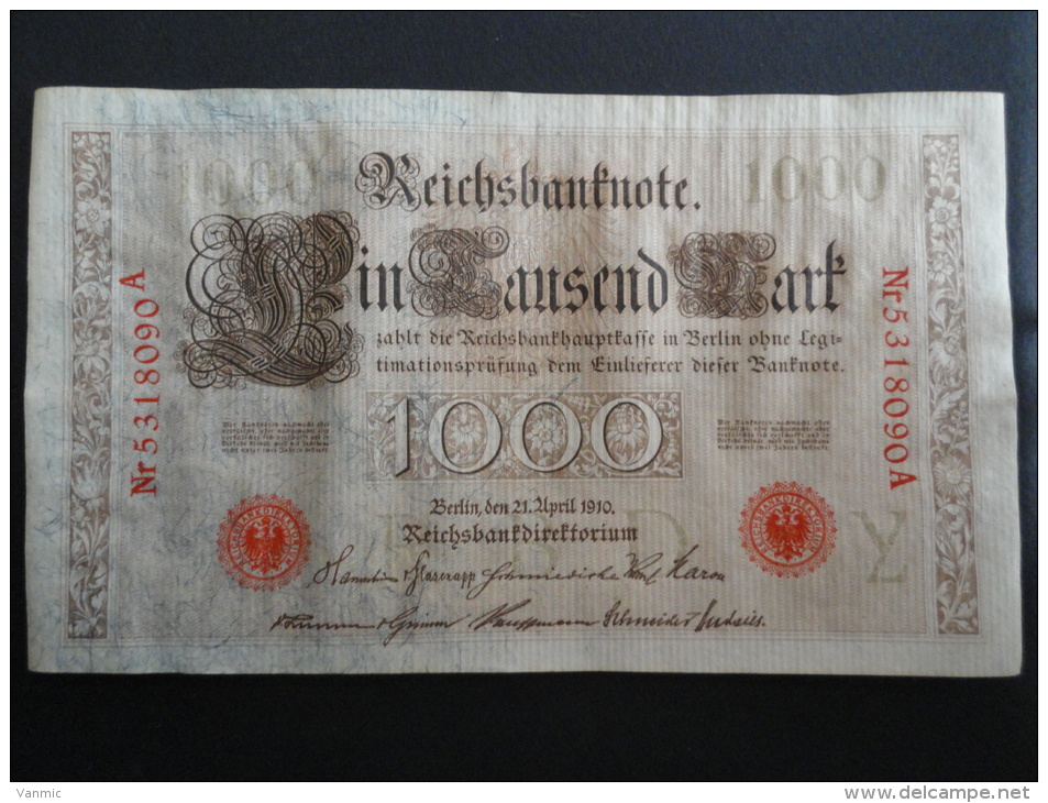 1910 A - 21 Avril 1910 - Billet 1000 Mark - Allemagne - Série A : N° 5318090 A - Banknote Deutschland Germany - 1000 Mark