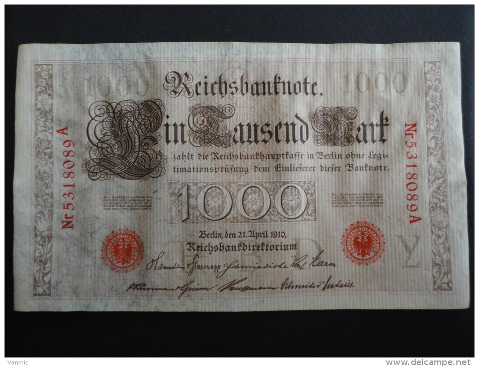 1910 A - 21 Avril 1910 - Billet 1000 Mark - Allemagne - Série A : N° 5318089 A - Banknote Deutschland Germany - 1000 Mark