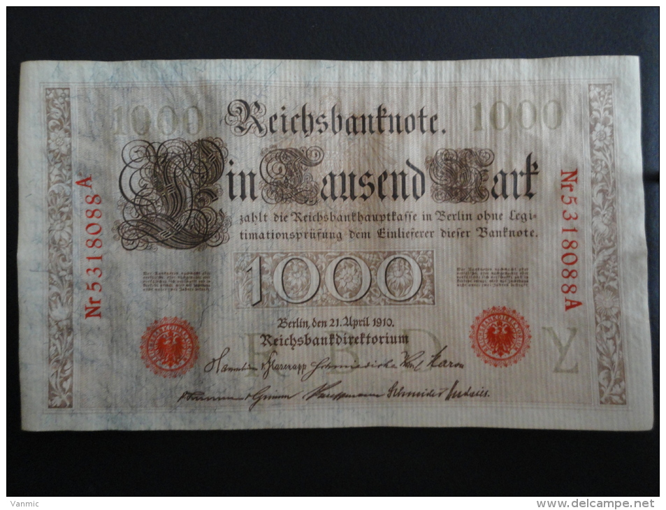 1910 A - 21 Avril 1910 - Billet 1000 Mark - Allemagne - Série A : N° 5318088 A - Banknote Deutschland Germany - 1.000 Mark