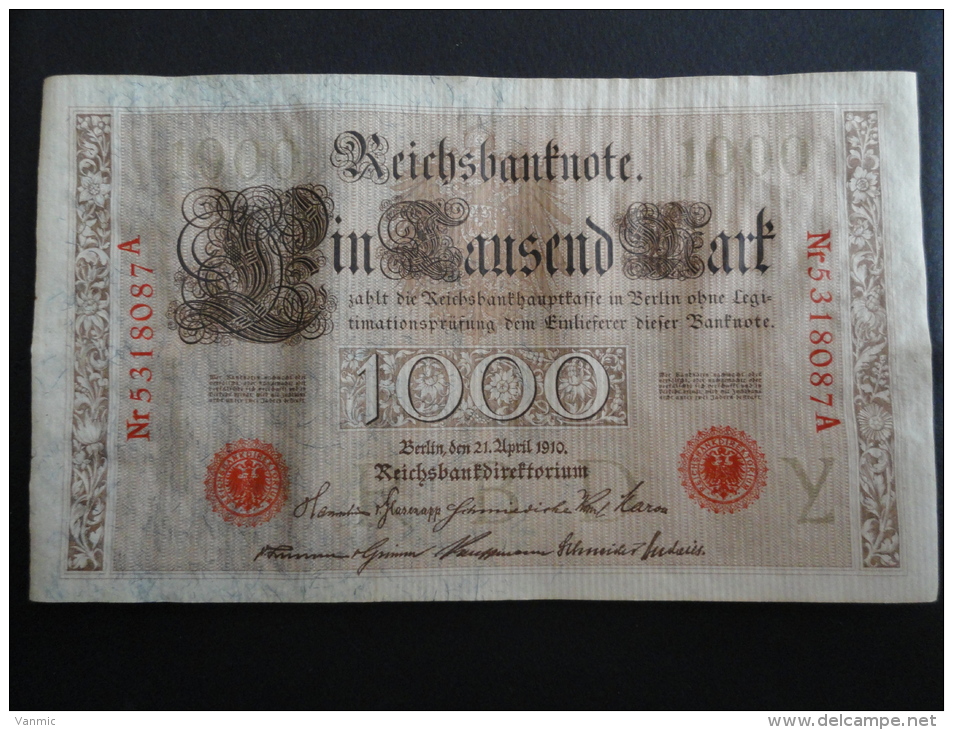 1910 A - 21 Avril 1910 - Billet 1000 Mark - Allemagne - Série A : N° 5318087 A - Banknote Deutschland Germany - 1000 Mark