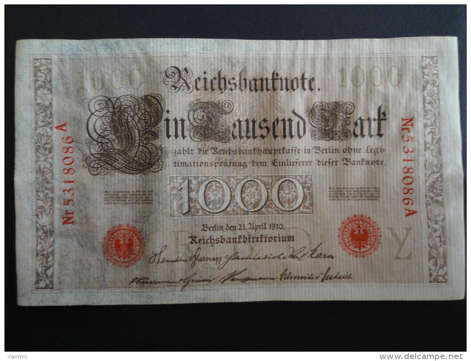 1910 A - 21 Avril 1910 - Billet 1000 Mark - Allemagne - Série A : N° 5318086 A - Banknote Deutschland Germany - 1.000 Mark