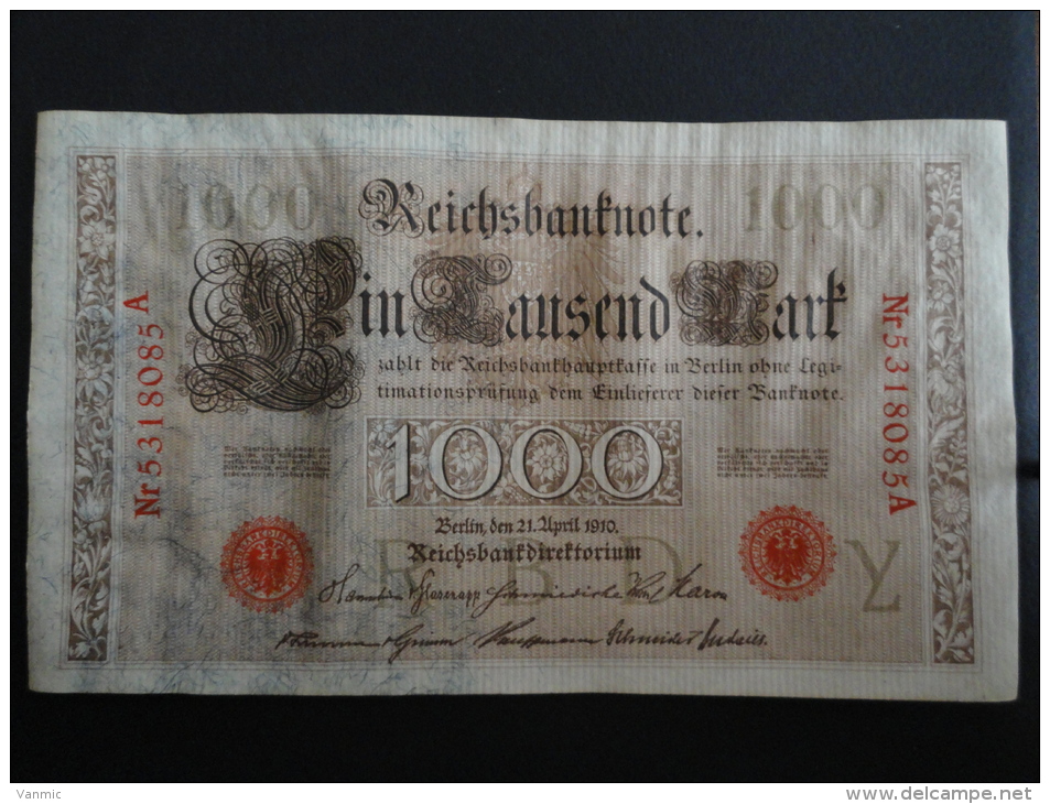 1910 A - 21 Avril 1910 - Billet 1000 Mark - Allemagne - Série A : N° 5318085 A - Banknote Deutschland Germany - 1000 Mark