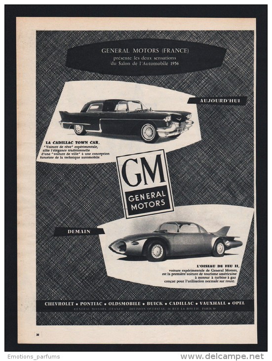 Pub Papier 1956 Automobile  CADILLAC L OISEAU BLEU  GM Voiture Automobiles Turbine A Gaz - Advertising