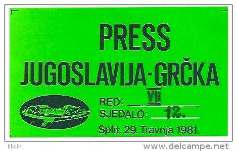 Sport Match Ticket UL000048 - Football (Soccer / Calcio): Yugoslavia Vs Greece: PRESS 1981-04-29 - Eintrittskarten
