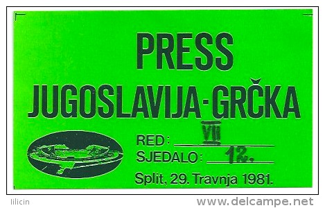 Sport Match Ticket UL000048 - Football (Soccer / Calcio): Yugoslavia Vs Greece: PRESS 1981-04-29 - Match Tickets