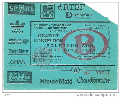 Sport Match Ticket UL000050 - Football (Soccer): Belgium Vs Yugoslavia 1989-05-27 - Eintrittskarten