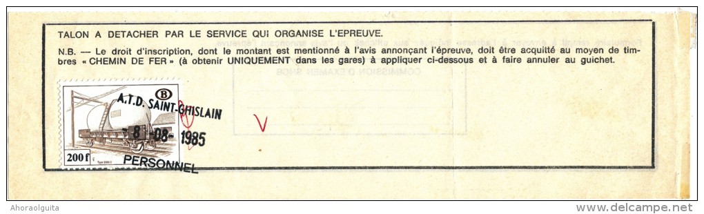 Talon De Formule D´examen Cachet A.T.D. SAINT GHISLAIN Personnel En 1985  -- UU749 - Otros & Sin Clasificación