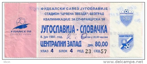 Sport Match Ticket UL000053 - Football (Soccer): Yugoslavia Vs Slovakia: 1997-06-08 - Tickets D'entrée