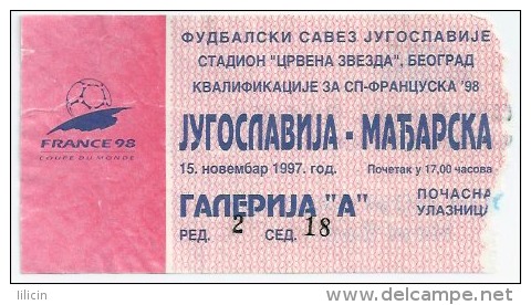Sport Match Ticket UL000056 - Football (Soccer): Yugoslavia Vs Hungary: 1997-11-15 - Tickets D'entrée