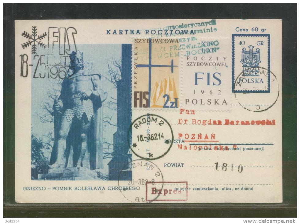 POLAND 1962 BOCIAN DELAYED 14TH GLIDER FLIGHT PC1 BLUE GREEN DELAY CACHET FIS SKIING CINDERELLA - Alianti