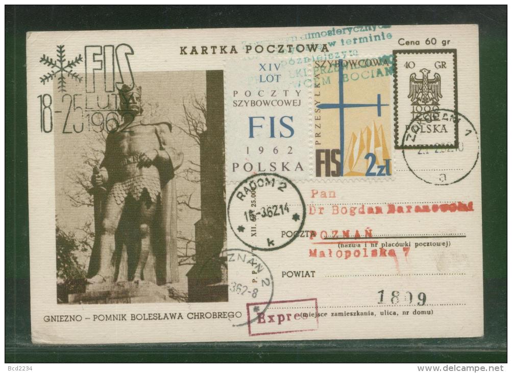 POLAND 1962 BOCIAN DELAYED 14TH GLIDER FLIGHT PC1 BROWN GREEN DELAY CACHET FIS SKIING CINDERELLA - Alianti