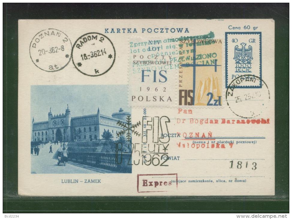 POLAND 1962 BOCIAN DELAYED 14TH GLIDER FLIGHT PC3 BLUE GREEN DELAY CACHET FIS SKIING CINDERELLA - Zweefvliegers