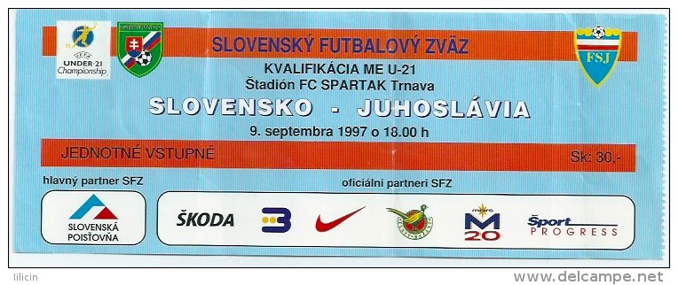 Sport Match Ticket UL000072 - Football (Soccer): Slovakia Vs Yugoslavia (U-21) 1997-09-09 - Eintrittskarten