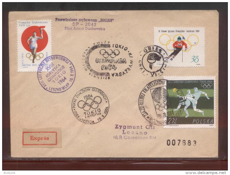 POLAND 1964 18TH GLIDER POST FLIGHT FOR 18TH OLYMPIC GAMES TOKYO BOCIAN FLOWN COVER GLIDING OLYMPICS MULTIPLE CACHETS - Alianti