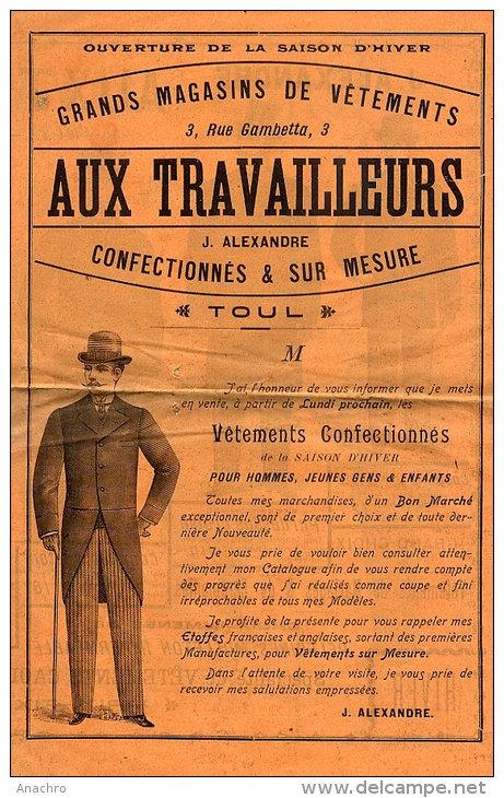 PUBLICITE Pour CONFECTION MODE HOMME OUVRIER HIVER 1903  Grands Magasins " AUX TRAVAILLEURS " 54 TOUL - Patterns