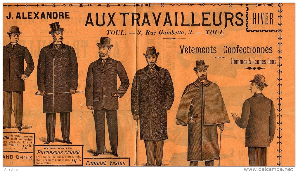 PUBLICITE Pour CONFECTION MODE HOMME OUVRIER HIVER 1903  Grands Magasins " AUX TRAVAILLEURS " 54 TOUL - Patterns