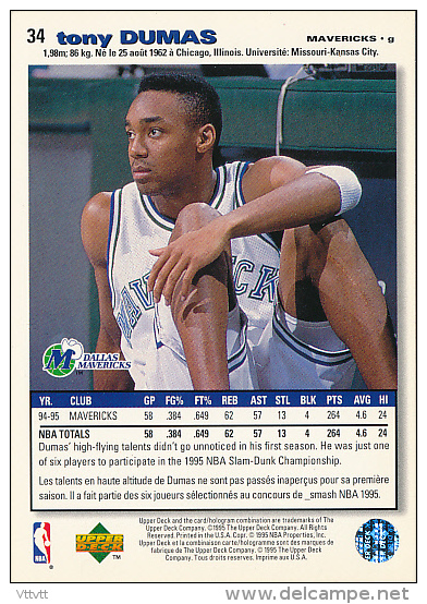 Basket NBA (1995), TONY DUMAS, N° 34, Dallas Mavericks, Upper Deck, Collector's Choice, Trading Cards... - 1990-1999