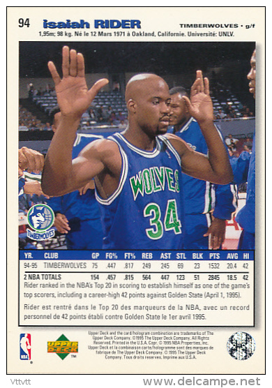 Basket NBA (1995), ISAIAH RIDER, N° 94, Minnesota Timberwolves, Upper Deck, Collector's Choice, Trading Cards... - 1990-1999