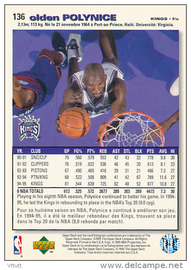 Basket NBA (1995), OLDEN POLYNICE, N° 136, Sacramento Kings, Upper Deck, Collector's Choice, Trading Cards... - 1990-1999