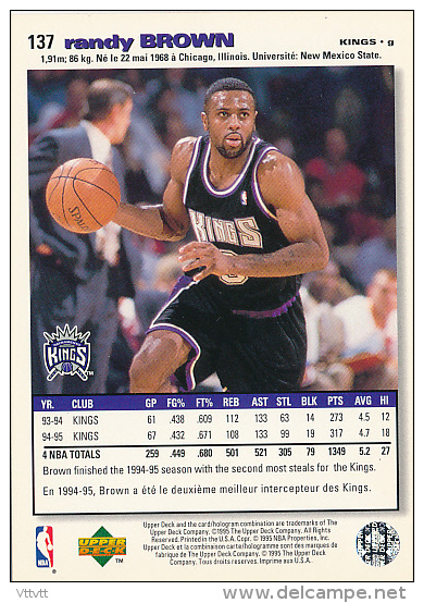 Basket NBA (1995), RENDY BROWN, N° 137, Sacramento Kings, Upper Deck, Collector's Choice, Trading Cards... - 1990-1999