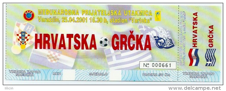Sport Match Ticket UL000076 - Football (Soccer / Calcio) Croatia Vs Greece 2001-04-25 - Tickets & Toegangskaarten
