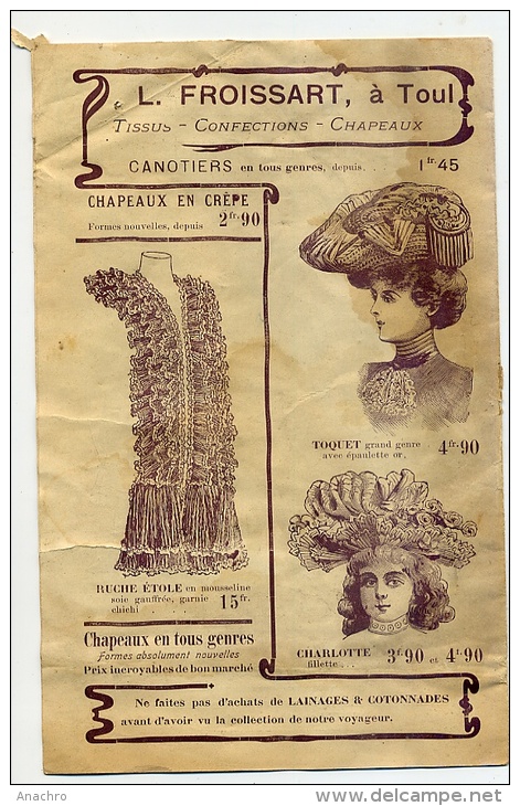 PUBLICITE Pour CONFECTION MODE FEMME Et CHAPEAUX " Maison FROISSART " 54 TOUL - Patrones