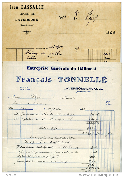 Lavernose, Lacasse, 2 Factures, Charpentier, Lassalle, Tonnelé, Bâtiment,1947 - Autres & Non Classés