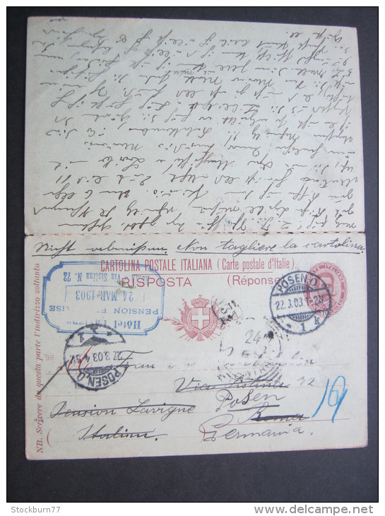 1903, Carte Postale + Risposta   , Roma - Posen , Posen - Roma - Marcophilia